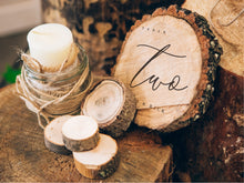 Load image into Gallery viewer, Custom wedding table number on a wood slice