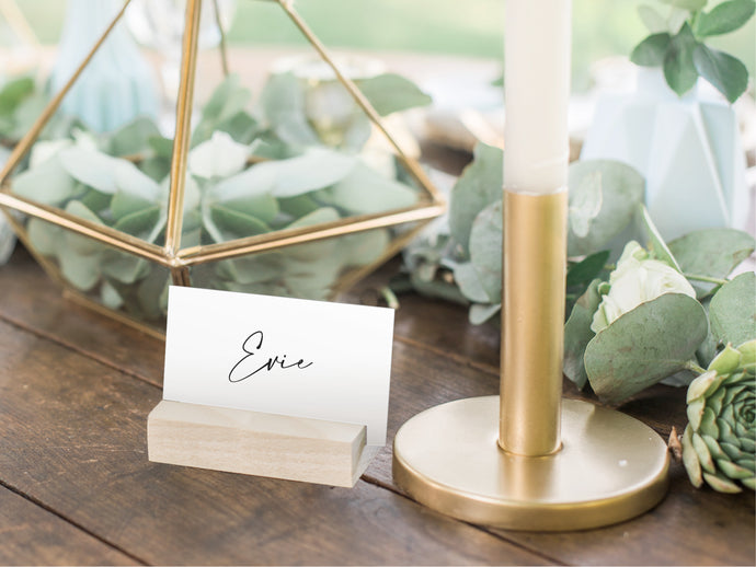 Custom wedding place card and wooden holder set
