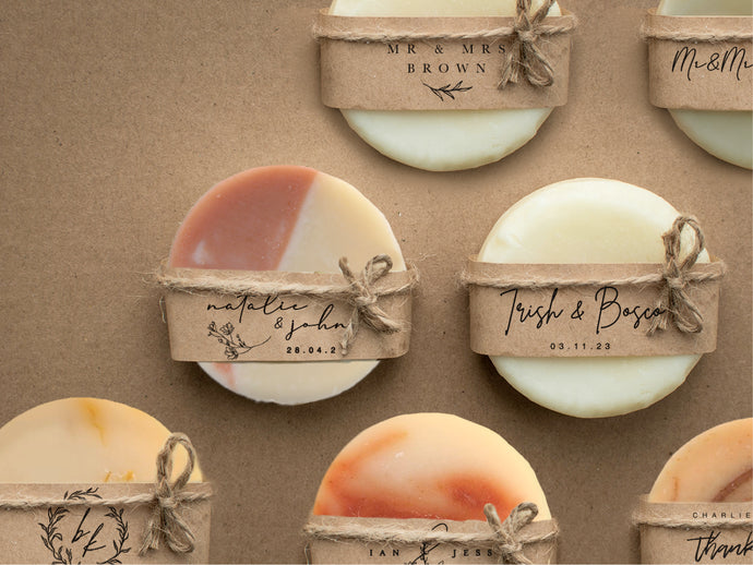 Round handmade organic soap for your event favour with personalised kraft wrapper