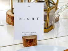 Load image into Gallery viewer, Custom wedding table Number card and wooden holder set