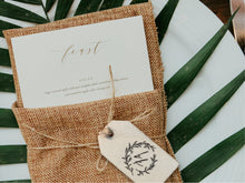Load image into Gallery viewer, Wooden tag wedding place card with wedding logo