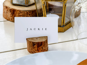 Custom wedding place card and wooden holder set