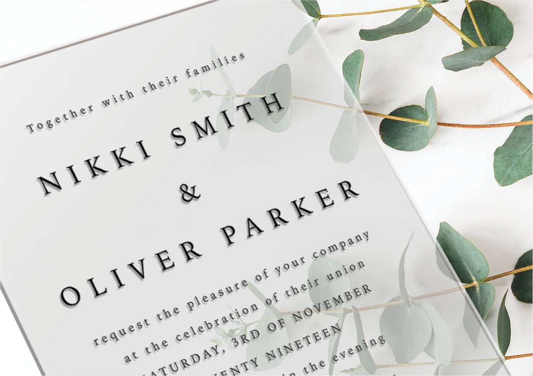 Frosted white acrylic classic wedding invitation design with modern calligraphy