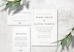 Frosted white acrylic classic wedding invitation design with modern calligraphy