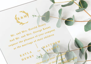 Clear acrylic with foil, classic wedding invitation design with modern calligraphy