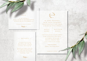 Clear acrylic with foil, classic wedding invitation design with modern calligraphy