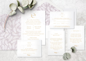 Clear acrylic with foil, classic wedding invitation design with modern calligraphy