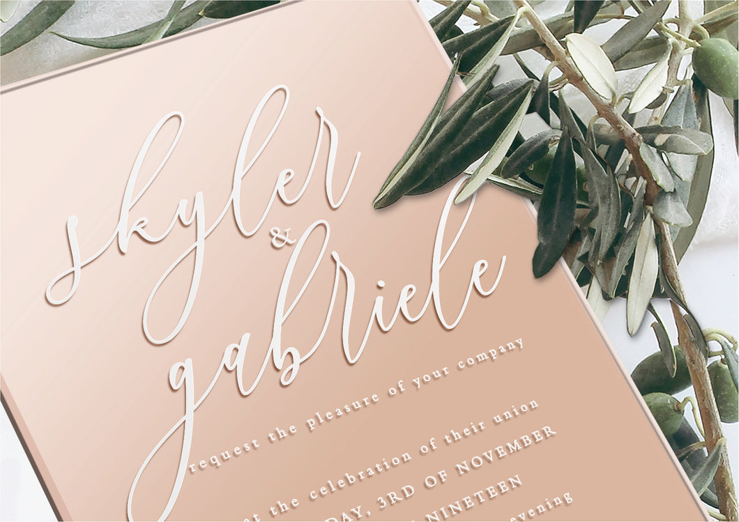 Rose gold acrylic classic wedding invitation design with modern calligraphy