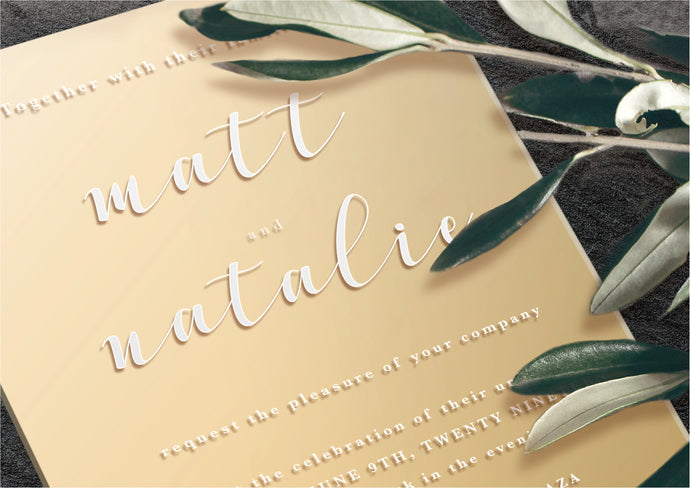 Gold acrylic classic wedding invitation design with modern calligraphy