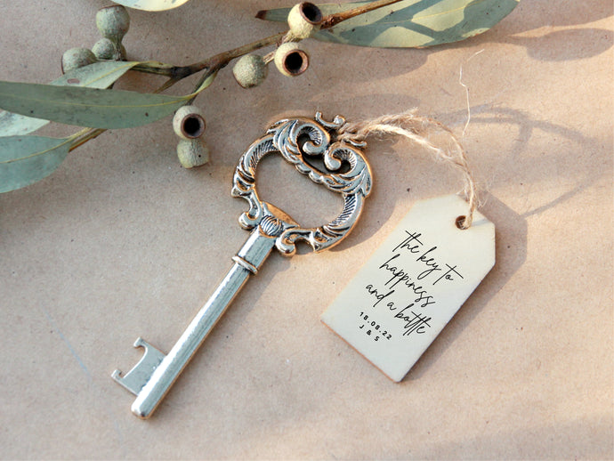 Key to Happiness Bottle opener for your event favour with personalised wooden tag
