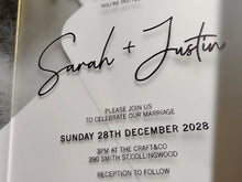 Load image into Gallery viewer, Frosted white acrylic classic wedding invitation design with modern calligraphy