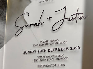 Frosted white acrylic classic wedding invitation design with modern calligraphy